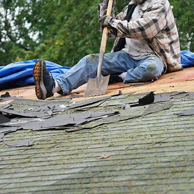 Worker on a roof removing the old, moldy shingles with a shovel